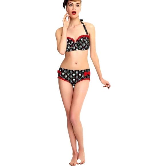 RETRO CHIC HOTTOPIC  Poka-Dot Sugar Skull Rose Print 2 Piece Bikini With Ruffles - Picture 1 of 14